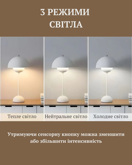 Настольная светодиодная лампа с акумулятором LED 3 режима света и регулировка яркости White - изображение 4