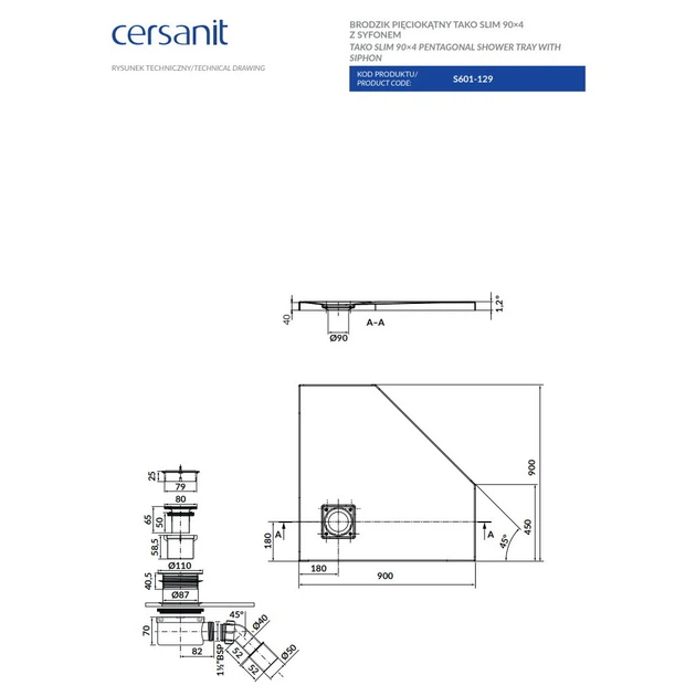 Поддон для душевой кабины CERSANIT Тако Slim 90x90x4см пятиугольный акрил c сифоном белый S601-129 - изображение 3