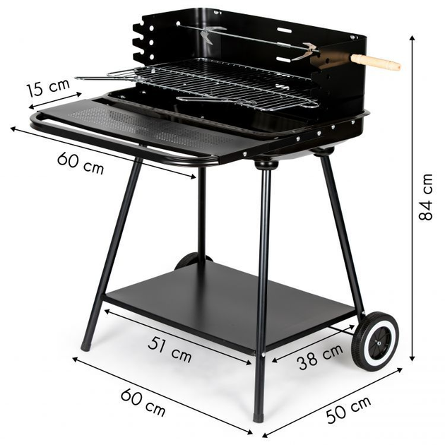 Grill węglowy ModernHome by Multistore z rożnem i regulacją rusztu + dwie duże półki (5903089067146) - obraz 6