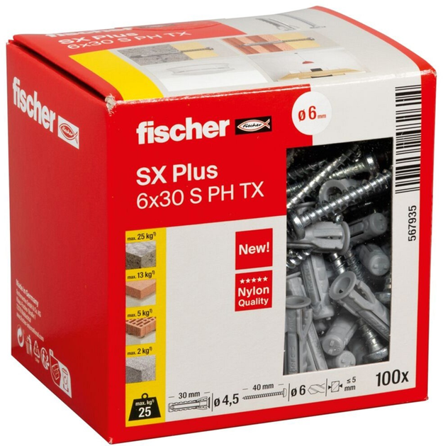 Набір шурупів і дюбелів Fischer SX Plus 6x30 PH TX 100 шт. (567935) - зображення 1