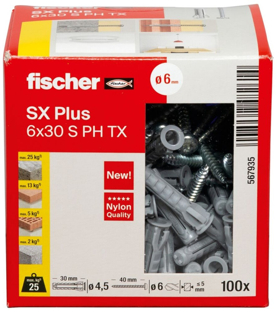 Zestaw śrub i kołków rozporowych Fischer SX Plus 6x30 PH TX 100 szt. (4048962482614) - obraz 3