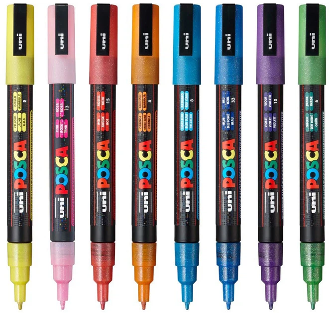 Набор маркеров Uni Posca PC-3ML Glitter Color 8 шт (PC-3ML GLITTER COLOR 8C) - Фото 5 Набор маркеров Uni Posca PC-3ML Glitter Color 8 шт (PC-3ML GLITTER COLOR 8C) - зображення 5