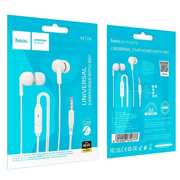 Проводные наушники HOCO M124 Wide universal earphones with microphone, 3.5mm, 1.2m, white - Фото 3 Проводные наушники HOCO M124 Wide universal earphones with microphone, 3.5mm, 1.2m, white - изображение 3
