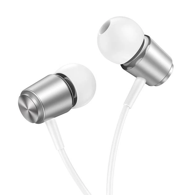 Дротові вакуумні навушники HOCO M108 Spring metal universal earphones with mic, 3.5mm, 1.2m, silver - Фото 3 Дротові вакуумні навушники HOCO M108 Spring metal universal earphones with mic, 3.5mm, 1.2m, silver - зображення 3