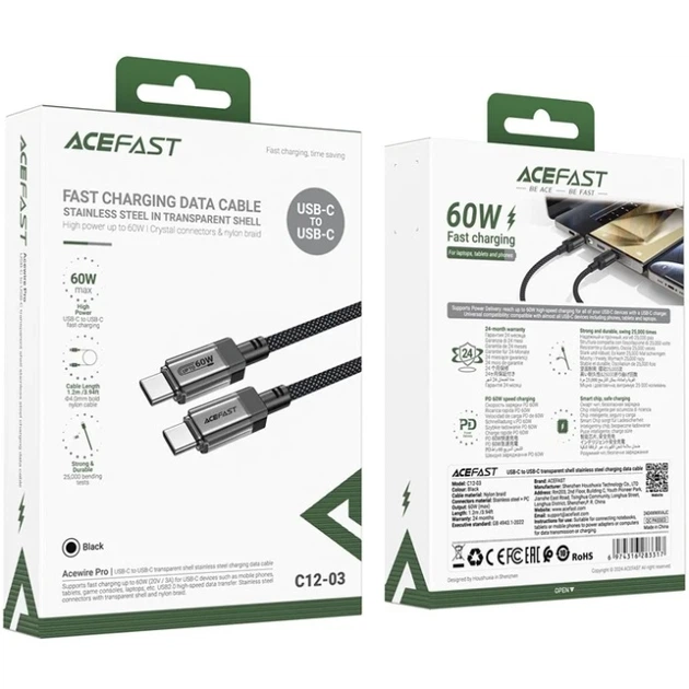 Кабель Acefast C12-03 USB 2.0 Type-C to Type-C 1.2 м 60W 3A stainless steel Black (6974316283317) - Фото 4 Кабель Acefast C12-03 USB 2.0 Type-C to Type-C 1.2 м 60W 3A stainless steel Black (6974316283317) - изображение 4