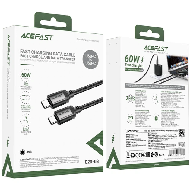 Кабель Acefast C20-03 USB 2.0 Type-C to Type-C 1.2 м 3A aluminum alloy Black (6974316283775) - Фото 4 Кабель Acefast C20-03 USB 2.0 Type-C to Type-C 1.2 м 3A aluminum alloy Black (6974316283775) - изображение 4