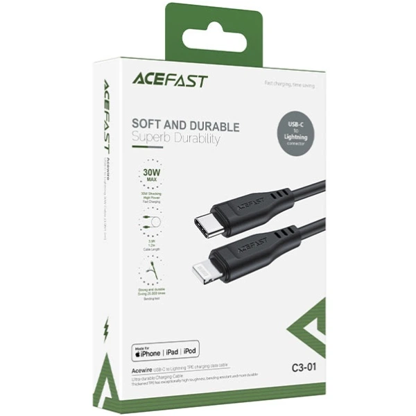 Кабель Acefast C3-01 USB 2.0 USB-C to Lightning 1.2 м 3A TPE Black (6974316280804) - изображение 3