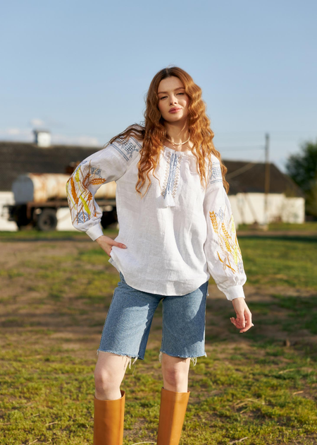 Вишиванка жіноча з льону MOTYV Колосся 6XL Біла 