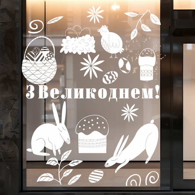 Пасхальные наклеки на витрину Happy Pocket З Великоднем паски крашанки кролики Пасха Размер М белый глянец - Фото 3 Пасхальные наклеки на витрину Happy Pocket З Великоднем паски крашанки кролики Пасха Размер М белый глянец - изображение 3