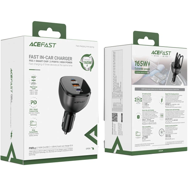 Автомобильное зарядное устройство Acefast B14 165W 2xType-C 1xUSB Black (6974316282938) - изображение 4