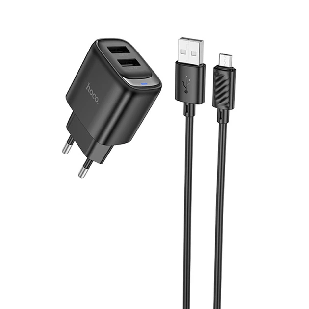 Мережевий зарядний пристрій Hoco C141A 5V/2.1A 2хUSB + кабель USB to Micro USB Чорний - Фото 1 Мережевий зарядний пристрій Hoco C141A 5V/2.1A 2хUSB + кабель USB to Micro USB Чорний - изображение 1