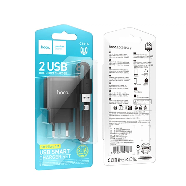 Мережевий зарядний пристрій Hoco C141A 5V/2.1A 2хUSB + кабель USB to Micro USB Чорний - Фото 2 Мережевий зарядний пристрій Hoco C141A 5V/2.1A 2хUSB + кабель USB to Micro USB Чорний - изображение 2