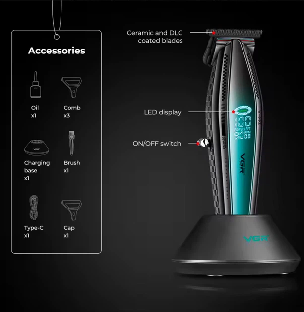 Аккумуляторный триммер для стрижки бороды и усов с USB и LED-дисплеем VGR V-992 Pro Черный - изображение 5