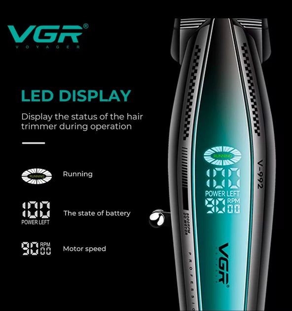 Аккумуляторный триммер для стрижки бороды и усов с USB и LED-дисплеем VGR V-992 Pro Черный - изображение 8