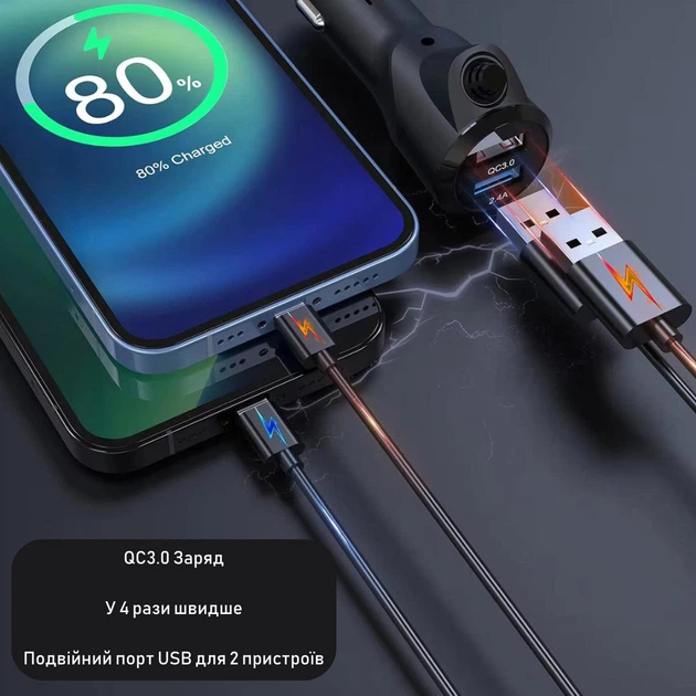 Бездротовий FM-трансмітер з дисплеєм та відтворенням в машину MP3 Schall акумуляторний AUX приймач з кріпленням на вентиляцію та мікрофоном, 8.2х5.2 см, чорний (102665376) - зображення 6