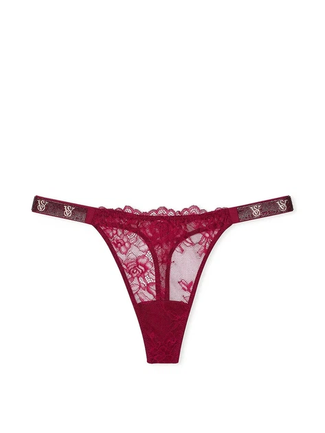 Трусики Стрінги зі Стразами Victoria's Secret (2163389432601) Very Sexy Shine Strap Rose Lace Thong Panty XL бордові - зображення 3