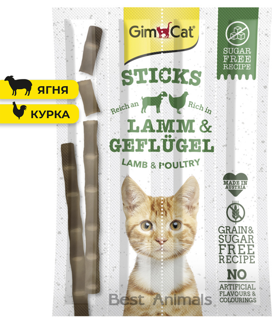 М'ясні палички для котів GimCat Sticks з ягням та м'ясом птиці 5 г? 1 шт - изображение 1