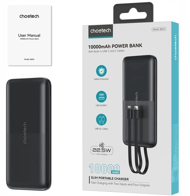 Powerbank Choetech 10000mAh 22.5W Fast Charge Black (B654-BK) - obraz 3