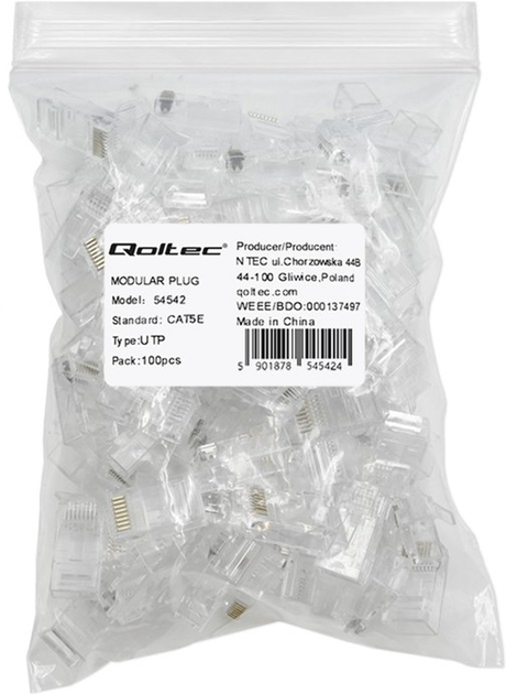 Złącza Qoltec RJ-45 Cat 5e UTP Pass Through 100 szt (5901878545424) - obraz 3