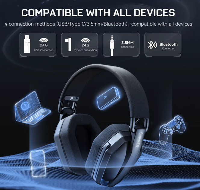 Беспроводная игровая гарнитура EKSA SuperEQ G19BT 2,4 ГГц Bluetooth 5.4 с микрофоном для PS, Xbox, ПК, Mac - изображение 3