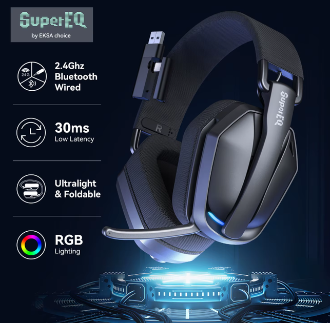 Беспроводная игровая гарнитура EKSA SuperEQ G19BT 2,4 ГГц Bluetooth 5.4 с микрофоном для PS, Xbox, ПК, Mac - изображение 4