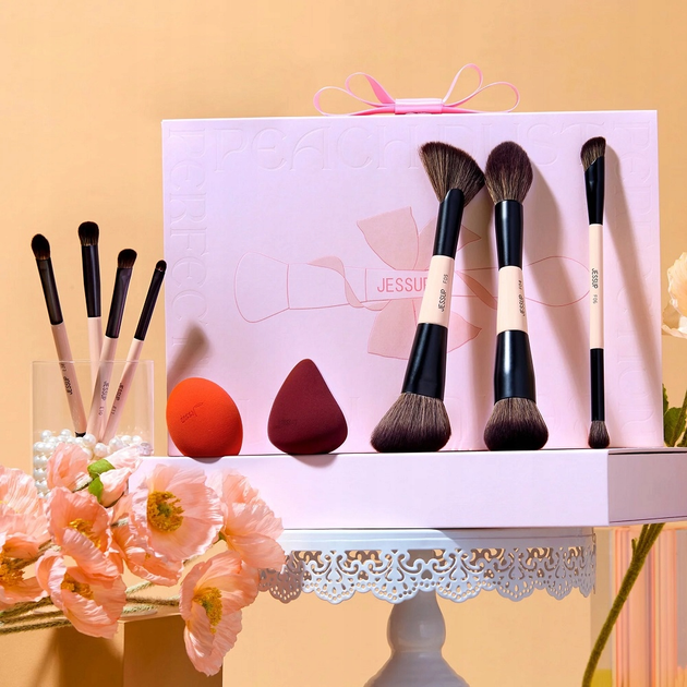 Набір двосторонніх пензлів до макіяжу Jessup Peach Dust Perfection Beauty Kit T506 пензлі 7 шт + спонжі для макіяжу 2 шт (6976074375068) - зображення 3