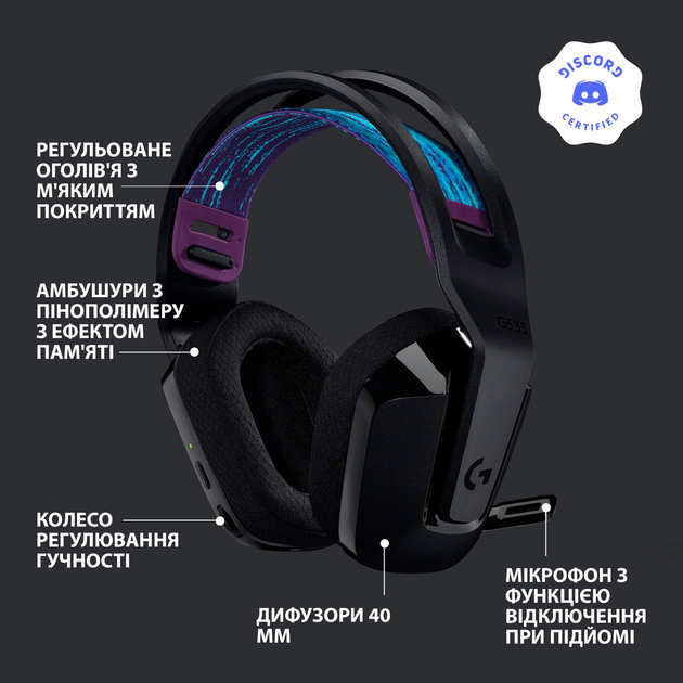 Ігрові навушники з мікрофоном Logitech G535 Lightspeed Wireless (981-000972) чорні - зображення 2