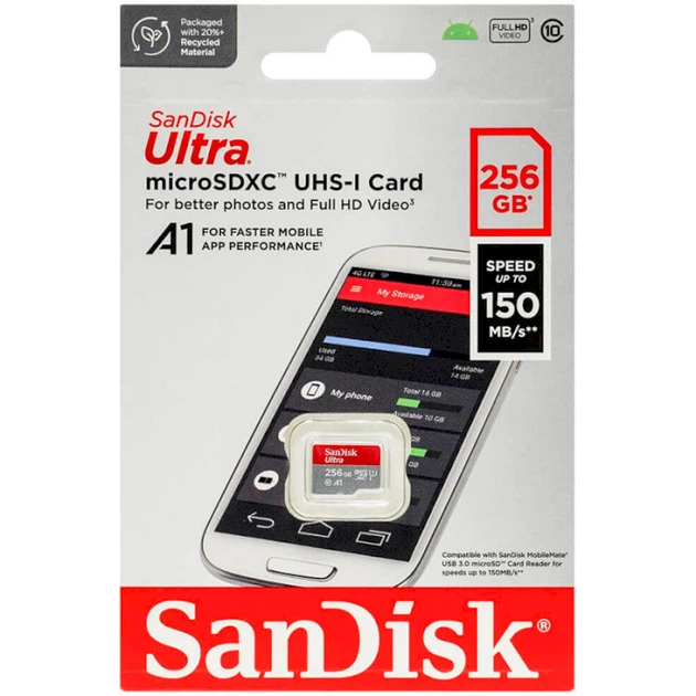 Карта памяти microSD 256Gb SanDisk Ultra class 10 UHS-I A1 + SD адаптер (SDSQUAC-256G-GN6MN) - изображение 3