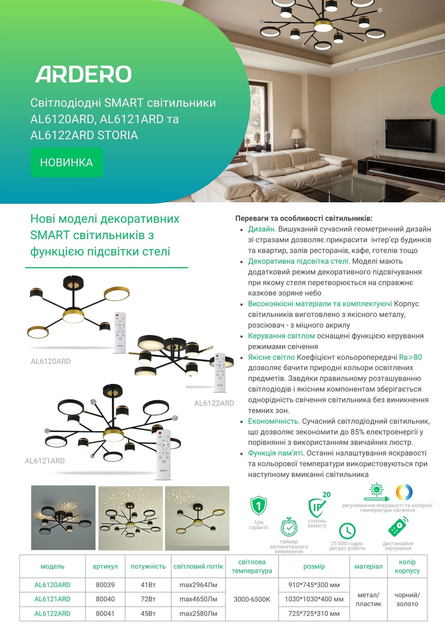 Смарт люстра AL6121 ARD STORIA 72Вт черный золото Ardero светодиодная 3000-6500К 4650Lm с пультом 1030х400мм - изображение 8