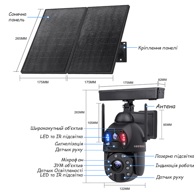 Уличная автономная 4G камера Sectec ST-599-6M-20X-20W-4G Black с солнечной панелью - изображение 4