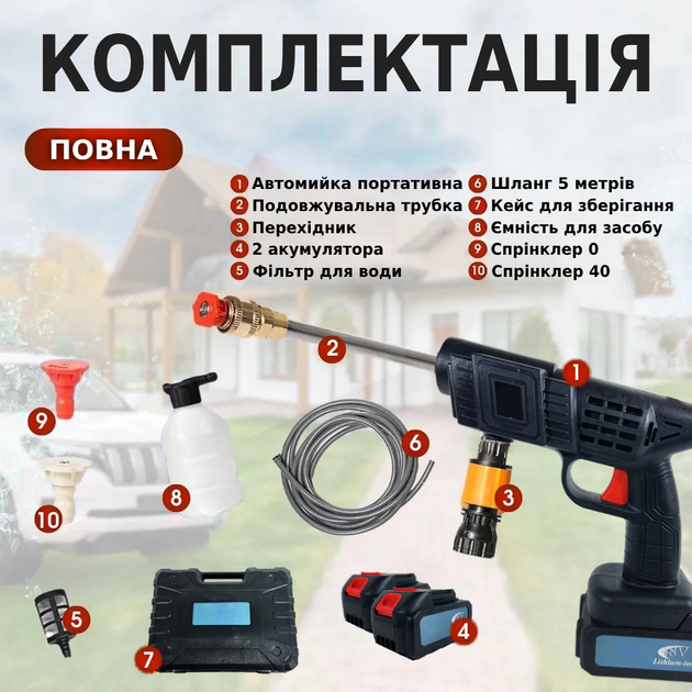 Автомобильная мойка 2 акб аккумуляторная водяной пистолет высокого давления портативная автомойка для машин Черный - изображение 6