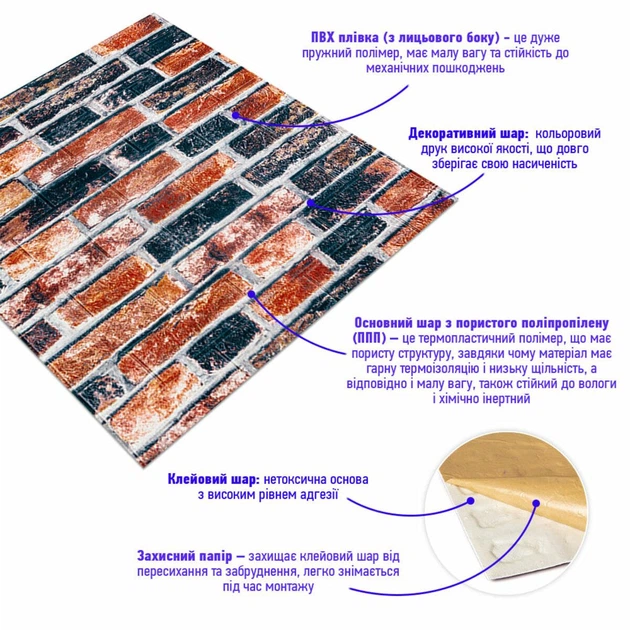 3D панель самоклеящаяся StickerWall под кирпич екатеринославский 770х700х3 мм сине-красный - изображение 4