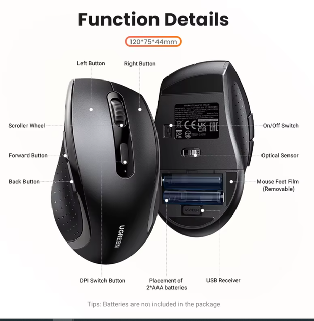 Беспроводная мыша UGREEN 1600 DPI 2.4G M511 Black - Фото 4 Беспроводная мыша UGREEN 1600 DPI 2.4G M511 Black - изображение 4