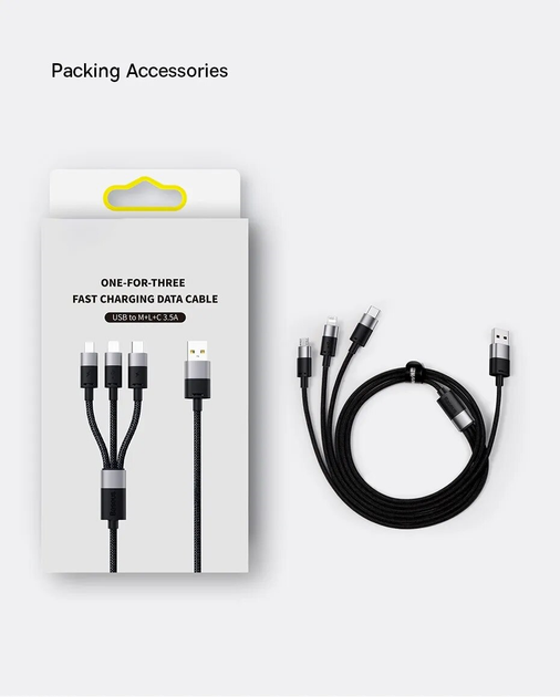 Кабель Baseus 3 в 1, швидка зарядка та передача даних (Micro USB+Type-C+Lightning Apple) 1.2м черный - Фото 10 Кабель Baseus 3 в 1, швидка зарядка та передача даних (Micro USB+Type-C+Lightning Apple) 1.2м черный - зображення 10