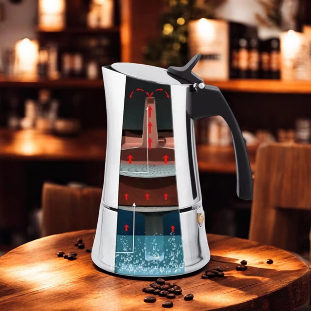 Кавоварка гейзерна Espresso Moka Maestro MR-1668-4 Silver 200мл на 4 чашки нержавіюча сталь - Фото 4 Кавоварка гейзерна Espresso Moka Maestro MR-1668-4 Silver 200мл на 4 чашки нержавіюча сталь - зображення 4