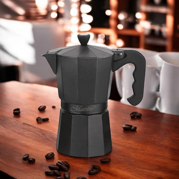 Кавоварка гейзерна Espresso Moka Maestro MR-1666-6 Black 300мл на 6 чашок алюмінієва - Фото 2 Кавоварка гейзерна Espresso Moka Maestro MR-1666-6 Black 300мл на 6 чашок алюмінієва - зображення 2