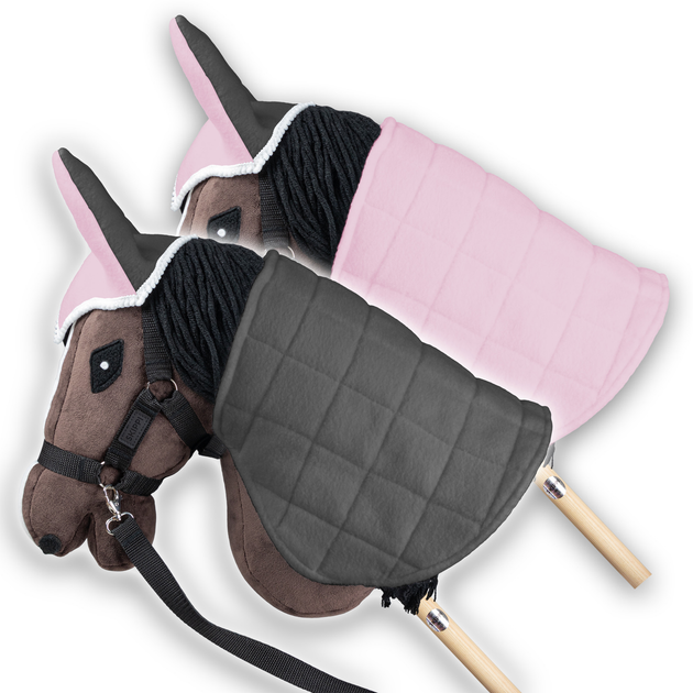 Akcesoria dla konia Hobby Horse Skippi Derka dwustronna i nauszniki Różowa i szara (5906361451213) - obraz 3