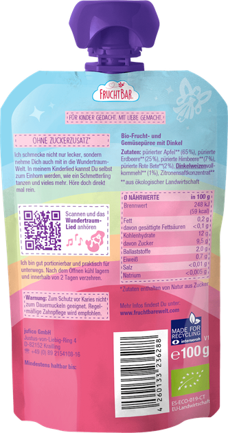 Фруктове пюре (пауч)з полуницею, малиною, буряком та спельтою, для дітей з 6 місяців, 100 грам - Фото 2 Фруктове пюре (пауч)з полуницею, малиною, буряком та спельтою, для дітей з 6 місяців, 100 грам - зображення 2