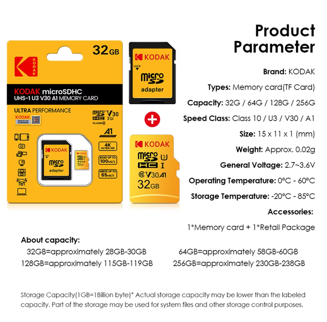 Карта памяти microSDXC Kodak U3 A1 V30 Class 10 256Gb с адаптером - изображение 7