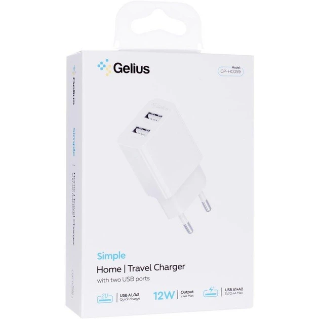 Сетевое зарядное устройство Gelius Simple GP-HC059 2USB/2.4A + кабель Lightning White - Фото 4 Сетевое зарядное устройство Gelius Simple GP-HC059 2USB/2.4A + кабель Lightning White - изображение 4