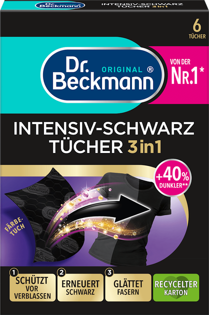 Серветки проти передачі та відновлення чорного кольору та тканини Dr. Beckmann Intensiv Schwarz Farb- & Schmutzfangtücher 6шт/уп - Фото 2 Серветки проти передачі та відновлення чорного кольору та тканини Dr. Beckmann Intensiv Schwarz Farb- & Schmutzfangtücher 6шт/уп - зображення 2