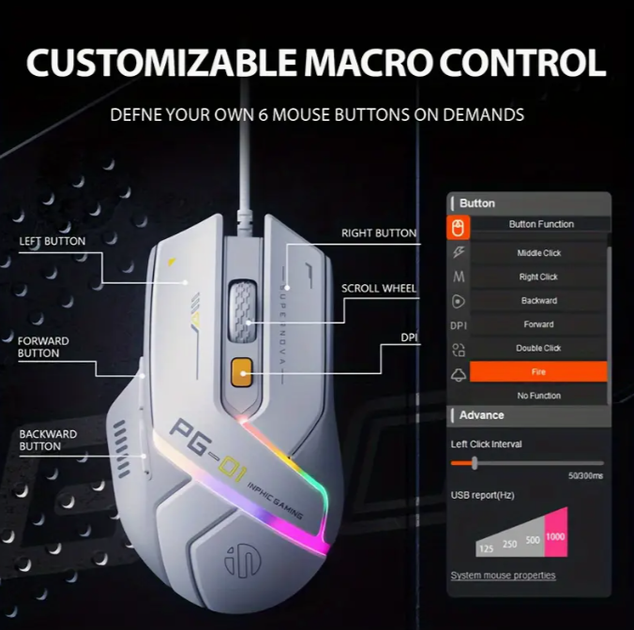 Проводная игровая мышь Inphic PG1 DPI 12800 эргономичный дизайн и макропрограммирование/RGB-подсветка - Фото 3 Проводная игровая мышь Inphic PG1 DPI 12800 эргономичный дизайн и макропрограммирование/RGB-подсветка - изображение 3