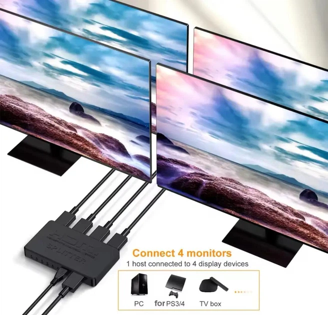 HDMI сплітер розгалужувач 1 на 4 порти 2K 4K Full HD 1080P Video splitter 1x4 HDMI Splitter USB - Фото 5 HDMI сплітер розгалужувач 1 на 4 порти 2K 4K Full HD 1080P Video splitter 1x4 HDMI Splitter USB - зображення 5