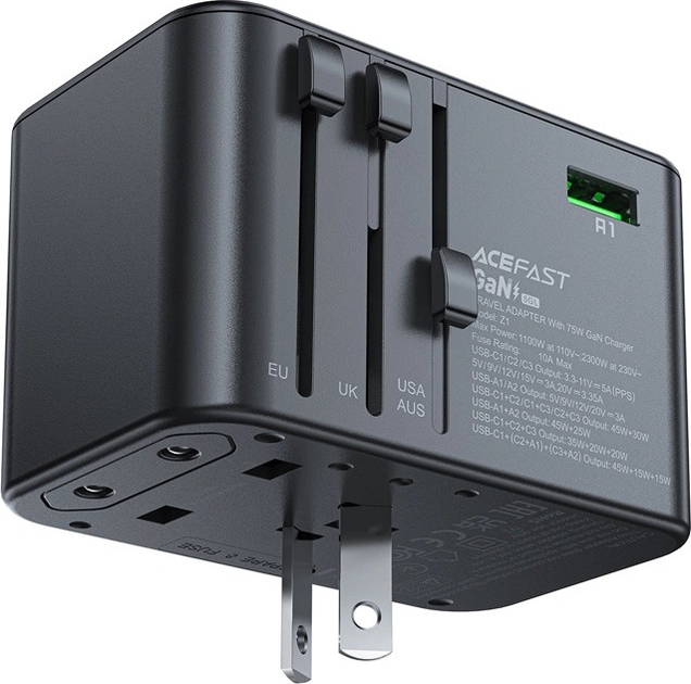 Ładowarka sieciowa podróżna Acefast Z1 3 x USB-C 2 x USB-A 75 W US/EU/UK/AU Black (6974316282495) - obraz 3