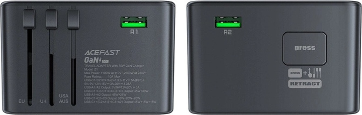 Ładowarka sieciowa podróżna Acefast Z1 3 x USB-C 2 x USB-A 75 W US/EU/UK/AU Black (6974316282495) - obraz 4