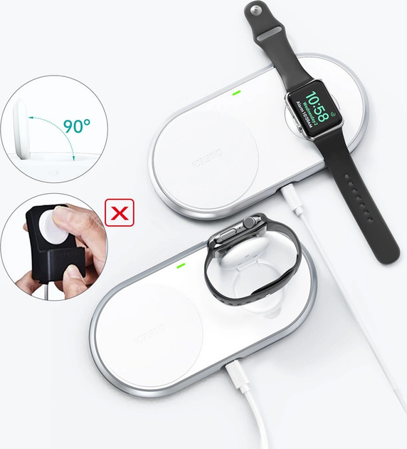 Ładowarka bezprzewodowa CHOETECH T317 Qi 2 w 1 do smartfonów i Apple Watch White (6971824974799) - obraz 4