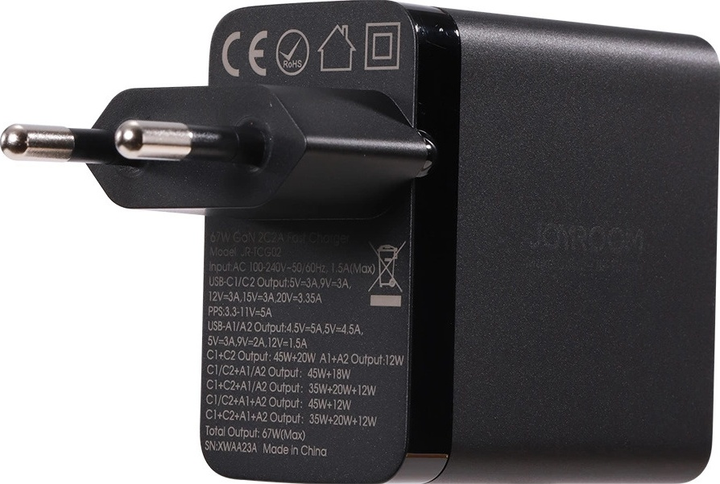Мережевий зарядний пристрій JOYROOM TCG02 2 x USB-C 2 x USB-A 67 W + кабель USB C – USB C 1.2 м Black (6956116742492) - зображення 10