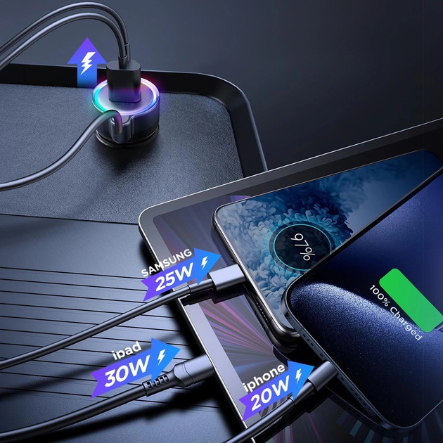 Автомобільний зарядний пристрій з кабелем USB-C Joyroom JR-CL07 3 в 1 USB-C + USB-A 60 Вт 1.6 м Black (6941237172860) - зображення 3
