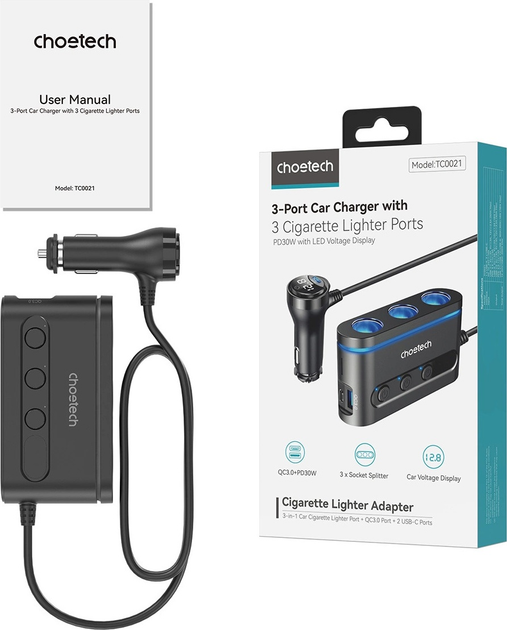 Ładowarka samochodowa CHOETECH TC0021 2x USB-C PD 1x USB-A QC 3x gniazdo zapalniczki Black (6932112105912) - obraz 3