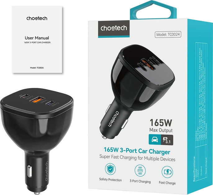 Ładowarka samochodowa CHOETECH TC0024 USB-A + 2 x USB-C 160 W Black (6932112106216) - obraz 3